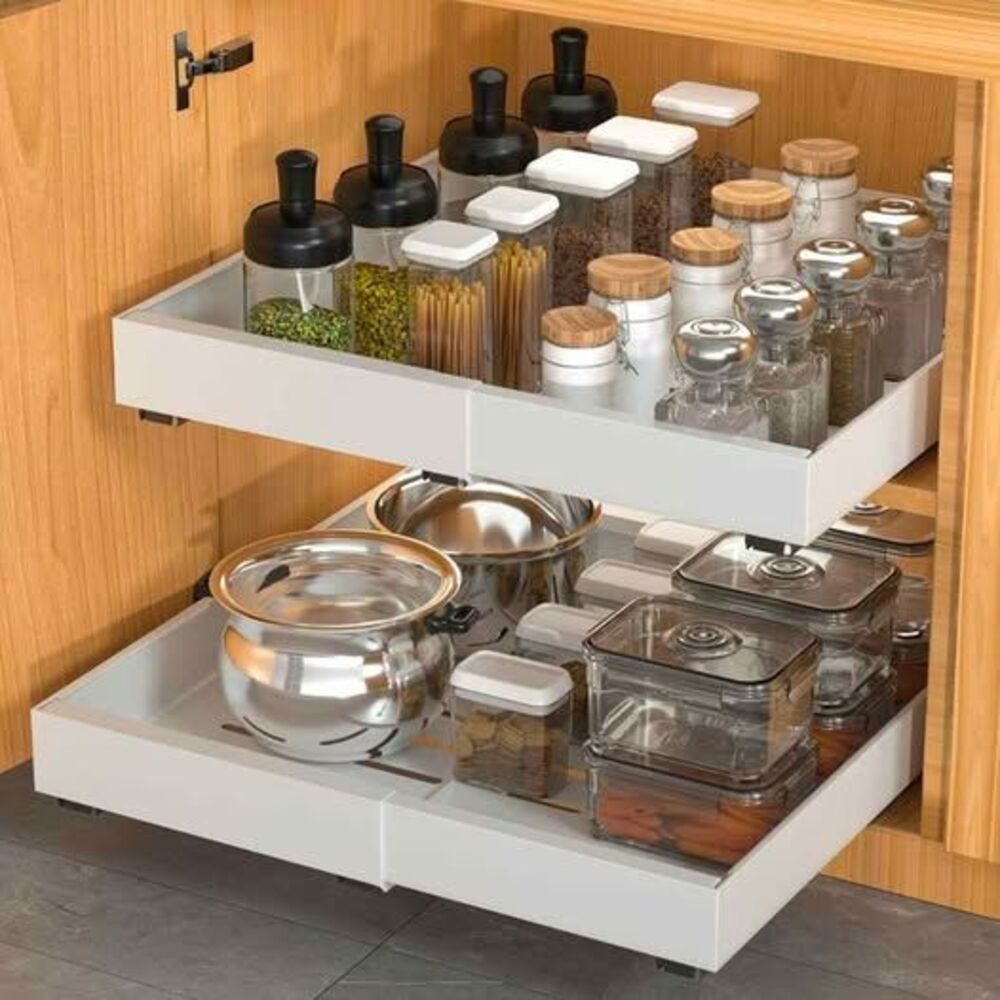 2 pack pull-out cabinet organizer expandable drawer white metal 21"L, 12-20"W